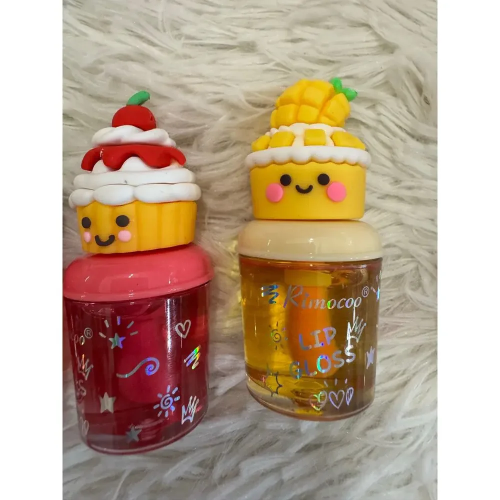 Set of 5 kawaii fruity cupcakes lip gloss with large applicator and ph activated